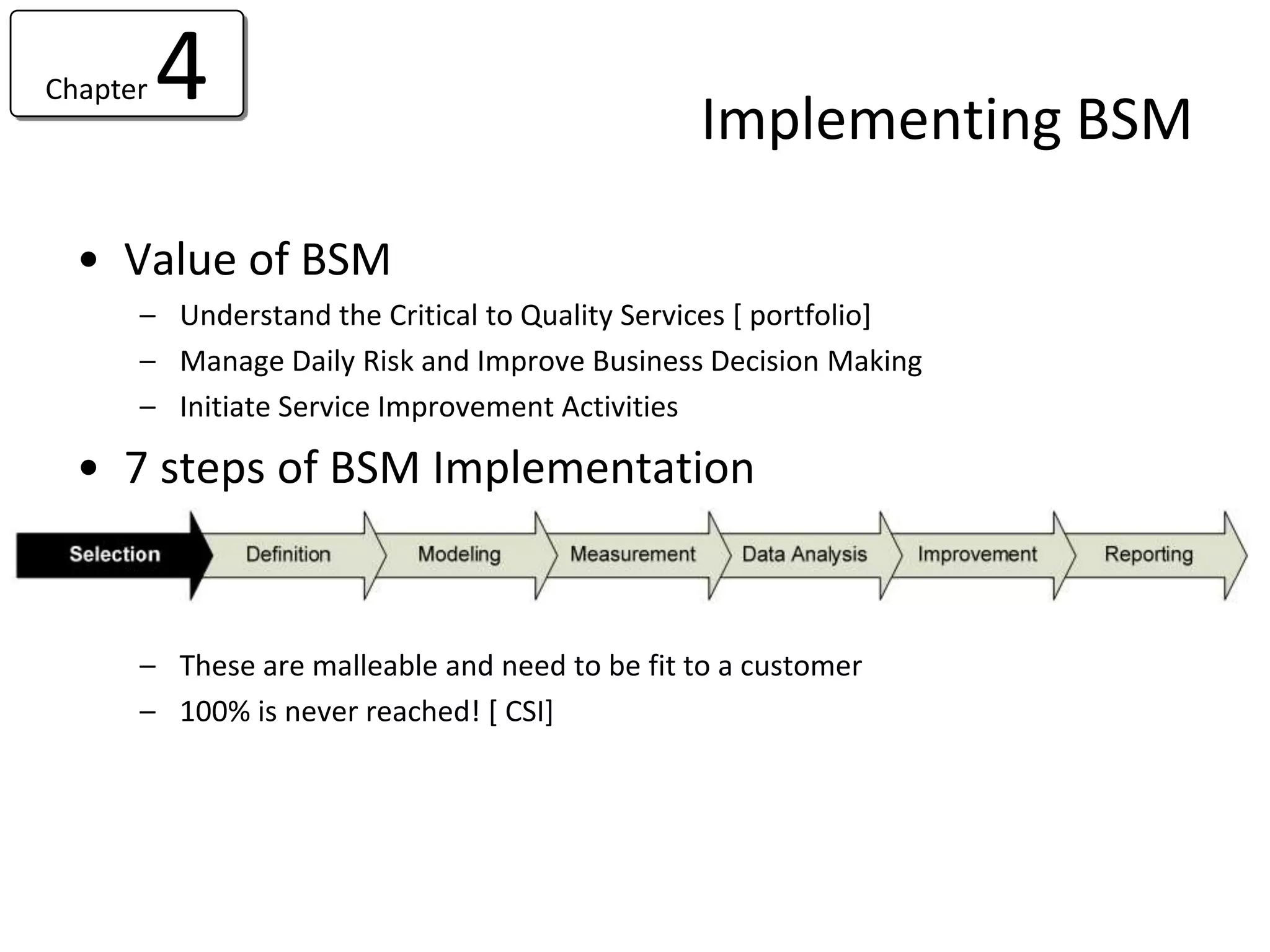 Chapter   4                                    Implementing BSM

  • Value of BSM
      – Understand the Critical to Quality Services [ portfolio]
      – Manage Daily Risk and Improve Business Decision Making
      – Initiate Service Improvement Activities

  • 7 steps of BSM Implementation


      – These are malleable and need to be fit to a customer
      – 100% is never reached! [ CSI]
 