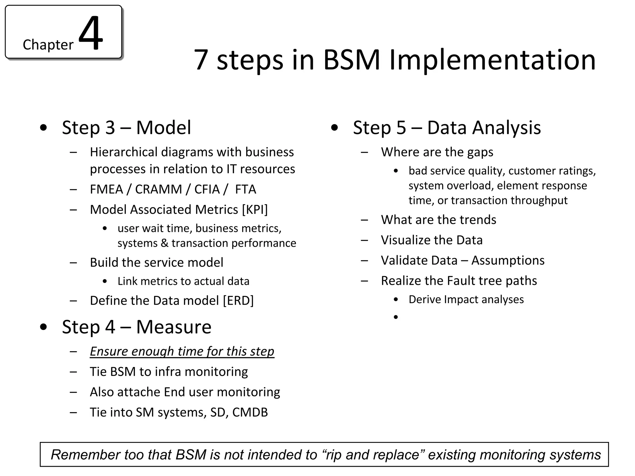 Chapter   4                 7 steps in BSM Implementation

  • Step 3 – Model                               • Step 5 – Data Analysis
      – Hierarchical diagrams with business         – Where are the gaps
        processes in relation to IT resources             • bad service quality, customer ratings,
      – FMEA / CRAMM / CFIA / FTA                           system overload, element response
                                                            time, or transaction throughput
      – Model Associated Metrics [KPI]
                                                    –   What are the trends
           • user wait time, business metrics,
             systems & transaction performance      –   Visualize the Data
      – Build the service model                     –   Validate Data – Assumptions
           • Link metrics to actual data            –   Realize the Fault tree paths
      – Define the Data model [ERD]                       • Derive Impact analyses
                                                          •
  • Step 4 – Measure
      –   Ensure enough time for this step
      –   Tie BSM to infra monitoring
      –   Also attache End user monitoring
      –   Tie into SM systems, SD, CMDB


   Remember too that BSM is not intended to “rip and replace” existing monitoring systems
 