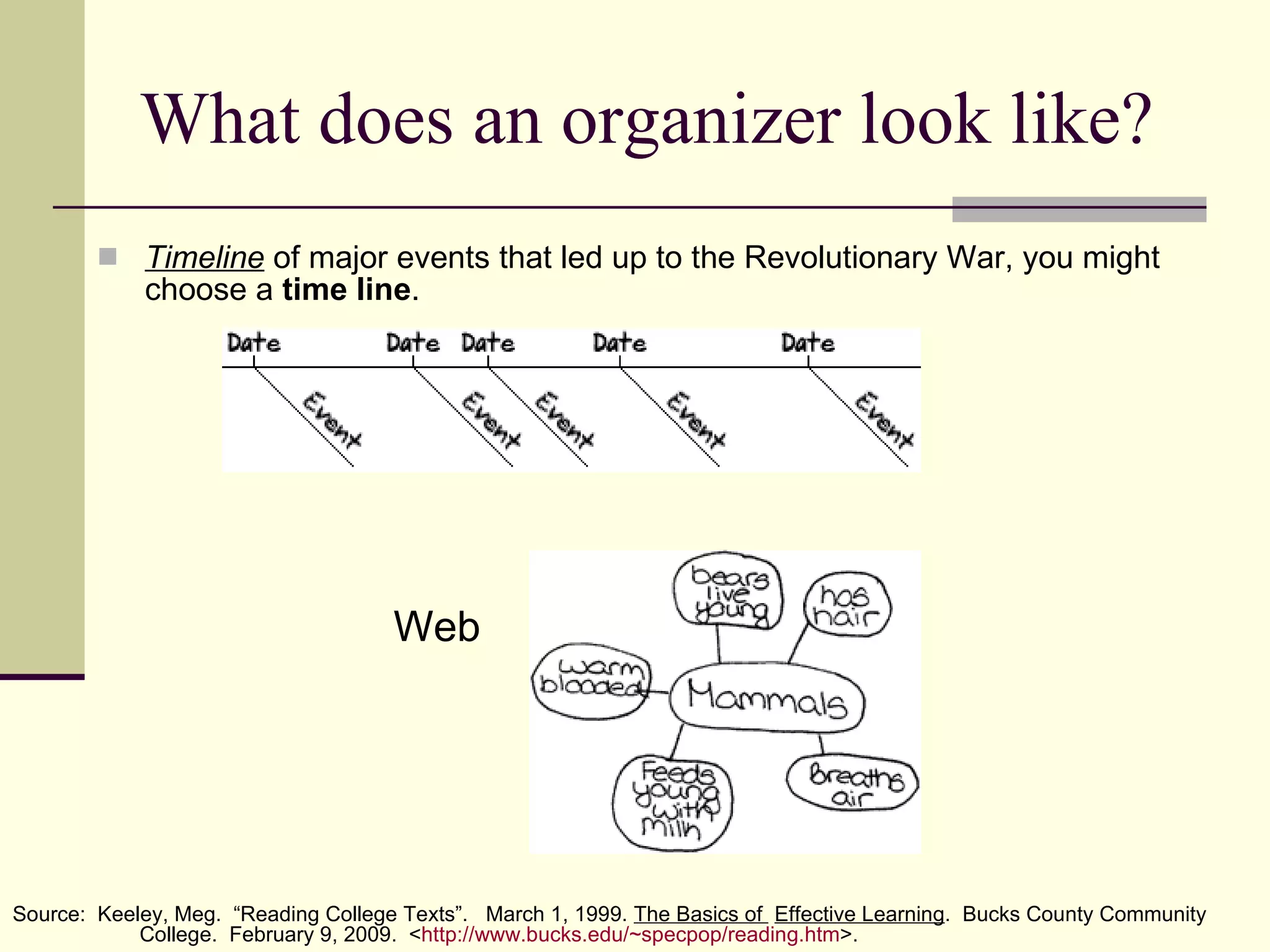 What does an organizer look like? Timeline  of major events that led up to the Revolutionary War, you might choose a  time line . Web Source:  Keeley, Meg.  “Reading College Texts”.  March 1, 1999.  The Basics of  Effective Learning .  Bucks County Community  College.  February 9, 2009.  < http:// www.bucks.edu/~specpop/reading.htm >. 