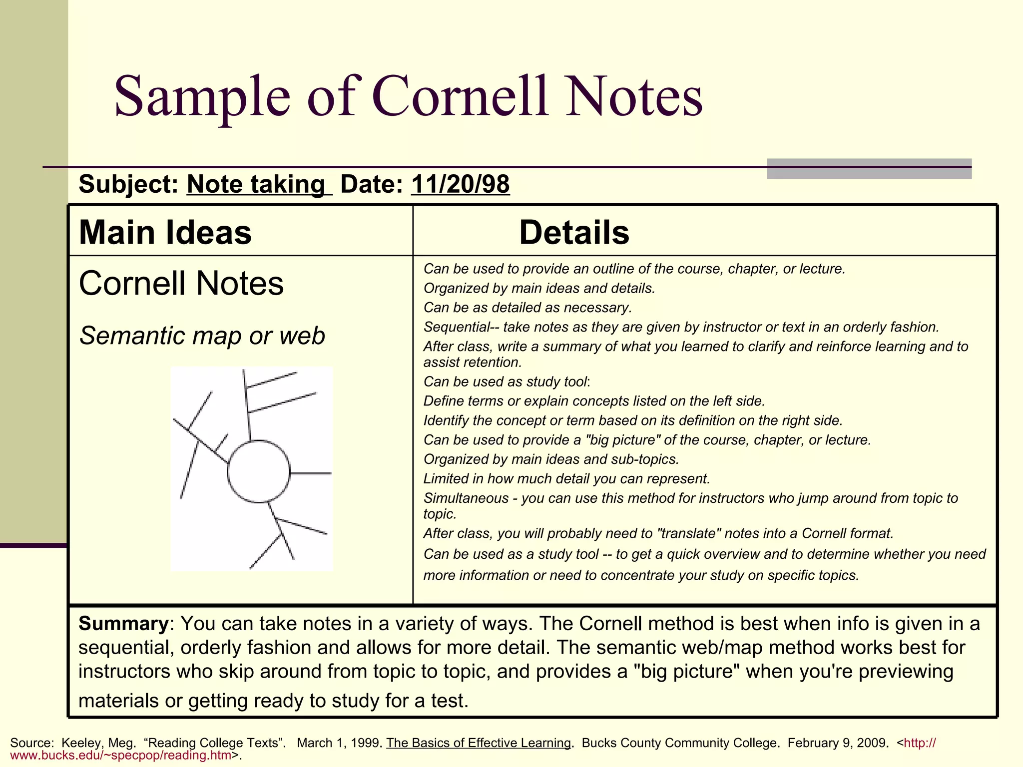 Sample of Cornell Notes Subject:  Note taking  Date:  11/20/98 Source:  Keeley, Meg.  “Reading College Texts”.  March 1, 1999.  The Basics of Effective Learning .  Bucks County Community College.  February 9, 2009.  < http:// www.bucks.edu/~specpop/reading.htm >. Can be used to provide an outline of the course, chapter, or lecture.   Organized by main ideas and details.   Can be as detailed as necessary.  Sequential-- take notes as they are given by instructor or text in an orderly fashion.  After class, write a summary of what you learned to clarify and reinforce learning and to assist retention.   Can be used as study tool :  Define terms or explain concepts listed on the left side.   Identify the concept or term based on its definition on the right side. Can be used to provide a "big picture" of the course, chapter, or lecture.   Organized by main ideas and sub-topics.   Limited in how much detail you can represent.   Simultaneous - you can use this method for instructors who jump around from topic to topic.   After class, you will probably need to "translate" notes into a Cornell format.  Can be used as a study tool -- to get a quick overview and to determine whether you need more information or need to concentrate your study on specific topics.   Cornell Notes Semantic map or web   Details Main Ideas Summary : You can take notes in a variety of ways. The Cornell method is best when info is given in a sequential, orderly fashion and allows for more detail. The semantic web/map method works best for instructors who skip around from topic to topic, and provides a "big picture" when you're previewing materials or getting ready to study for a test.   