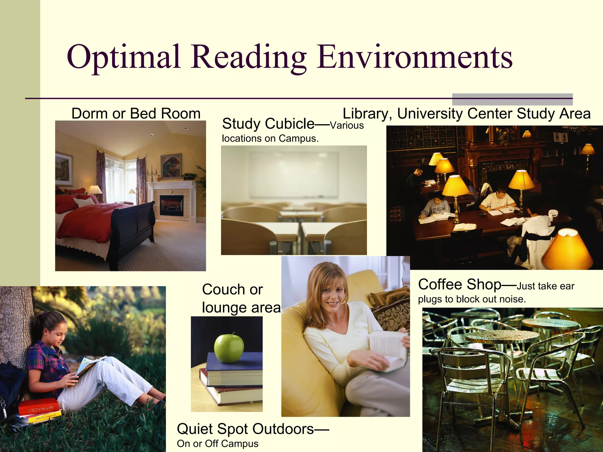 Optimal Reading Environments Dorm or Bed Room Quiet Spot Outdoors— On or Off Campus Library, University Center Study Area Coffee Shop— Just take ear plugs to block out noise. Study Cubicle— Various   locations on Campus. Couch or lounge area 