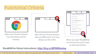 CC-BY-NC-SA Rhianon E. Gutierrez, Digital Learning Specialist, OIIT Digital Learning Team @RhianonElan http://bit.ly/RW4GC_btuplc
Functional Criteria
Read&Write Setup Instructions: http://tiny.cc/BPSRWsetup
Open your Chrome browser.
You will always use this
browser.
Sign into the Chrome browser
with your BPS email. You must
always use this email. When you open Read&Write
for the first time, you’ll need
to allow permissions.
 