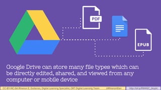 CC-BY-NC-SA Rhianon E. Gutierrez, Digital Learning Specialist, OIIT Digital Learning Team @RhianonElan http://bit.ly/RW4GC_btuplc
Google Drive can store many file types which can
be directly edited, shared, and viewed from any
computer or mobile device
 