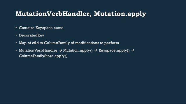 MutationVerbHandler, Mutation.apply
• Contains Keyspace name
• DecoratedKey
• Map of cfId to ColumnFamily of modificati...
