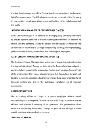 Ltm1309003
13
the Board and management of the Companyand communicates to the Boardon
behalf of management. The MD also communicates on behalf of the Company
to shareholders, employees, Government authorities, other stakeholders and
the public.
ASSIST GENERAL MANAGER OF OPERATIONS (A G M (O))
Assist General Manager is responsible for managing daily company operations
to ensure positive, safe and profitable working environment. In addition he
ensure that the company standards, policies and strategies are followed and
also Cooperate with General Manager in recruiting, training, payroll processing,
performance evaluation, promotions, and releasing the employees.
ASSIST GENERAL MANAGER OF FINANCE (A G M (F))
The AssistantFinance Manager plays a vital role in improving and maintaining
the financialstanding of Tinapa, he determine the financialstrategy and policy,
and also help in arranging the appropriatefunding and managing financial risks
of the organization. The FinanceManager ensurethat Tinapa havethe cash and
liquidity to meet its obligations. Furthermoreheis officialpoint of contact for all
financial matters and one of the authorized signatories on all financial
documents.
ACCOUNTING OFFICER
The accounting officer in Tinapa is a senior employee whose overall
responsibility is to manage the financial resources of Tinapa in other to ensure
efficient and effective functioning of its operations. This professional often
heads the accounting department, though his position can change to meet
specific administrative needs of a company
GENERAL SECRETARY
 