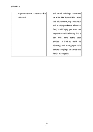 Ltm1309003
26
in games arcade I never took it
personal.
will be ask to bring a document
or a file like T-mate file from
the store room, my supervisor
will ask do you know where to
find, I will reply yes with the
hope that I will definitely find it
but most time come back
empty. I had to work on
listening and asking questions
before carrying a task that was
how I managed it.
 