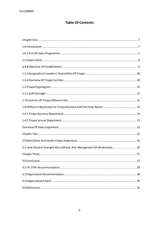Ltm1309003
6
Table Of Contents
Chapter One............................................................................................................................. 7
1.0 Introduction........................................................................................................................ 7
1.0.1 Aim Of Siwes Programme..................................................................................................7
1.1 Organisation ....................................................................................................................... 8
1.1.2 Objective Of Establishment............................................................................................... 9
1.1.3 Geographical Location / Accessibility Of Tinapa................................................................ 10
1.1.4 Overview Of Tinapa Facilities........................................................................................... 10
1.2 Tinapa Organogram........................................................................................................... 12
1.2.1 Staff Strenght................................................................................................................. 12
1.3 Functions Of Tinapa Different Unit ..................................................................................... 12
1.4 Defferent Department In Tinapa Business And Free Zone Resort.......................................... 14
1.4.1 Tinapa Business Department........................................................................................... 14
1.4.2 Tinapa Leisure Department............................................................................................. 15
Overview Of Siwes Experience................................................................................................. 21
Chapter Two........................................................................................................................... 22
2.0 Work Done And Student Siwes Experience.......................................................................... 22
2.1 How Student Strength Was Ultilized And Management Of Weaknesses ............................. 25
Chapter Three......................................................................................................................... 27
3.0 Conclusion........................................................................................................................ 27
3.1 ITF /ITM Recommendation................................................................................................ 28
3.2 Organisation Recommendation.......................................................................................... 28
3.3 Organisational Swot.......................................................................................................... 29
4.0 References........................................................................................................................ 31
 