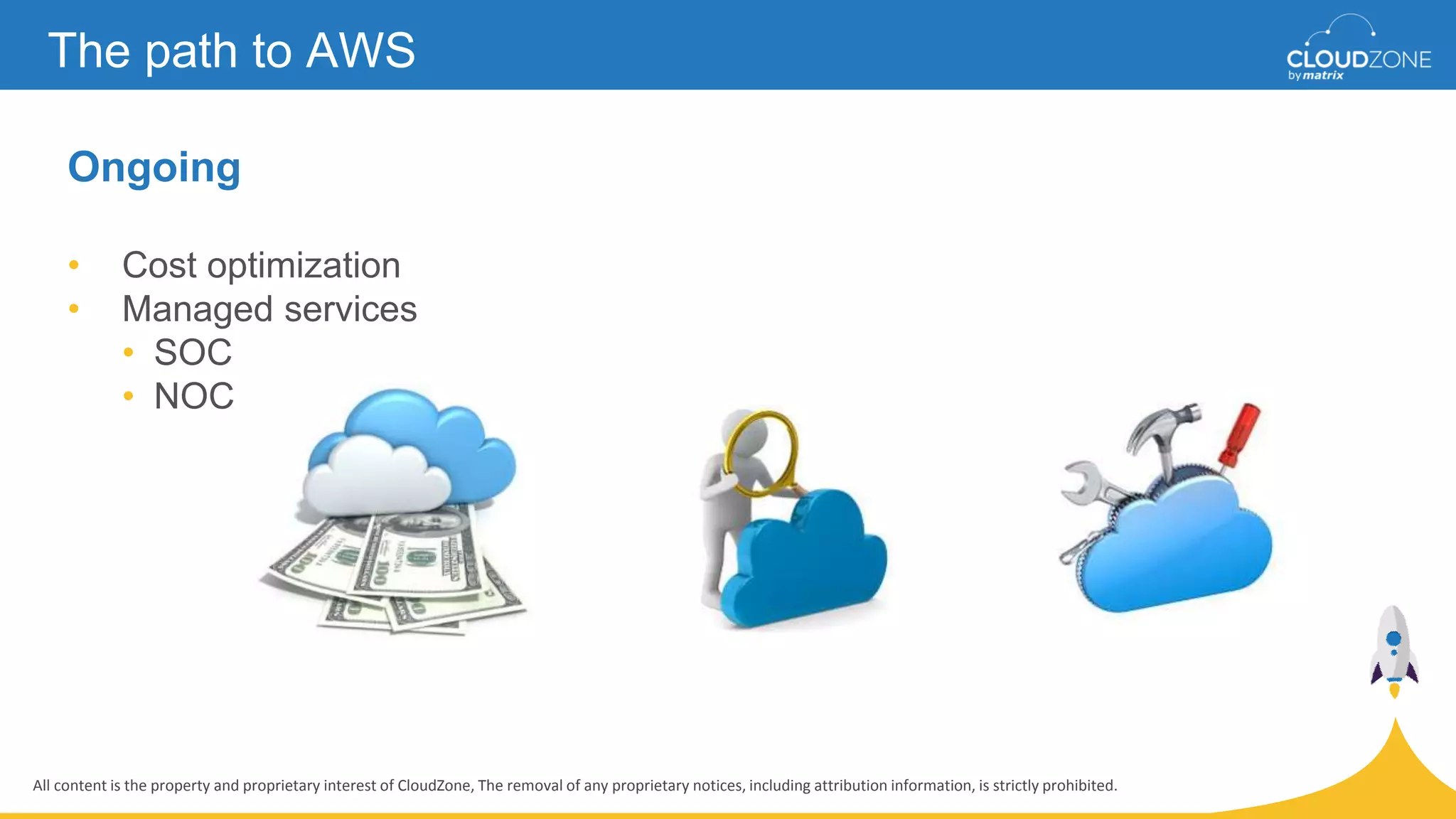 All content is the property and proprietary interest of CloudZone, The removal of any proprietary notices, including attribution information, is strictly prohibited.
The path to AWS
Ongoing
• Cost optimization
• Managed services
• SOC
• NOC
 