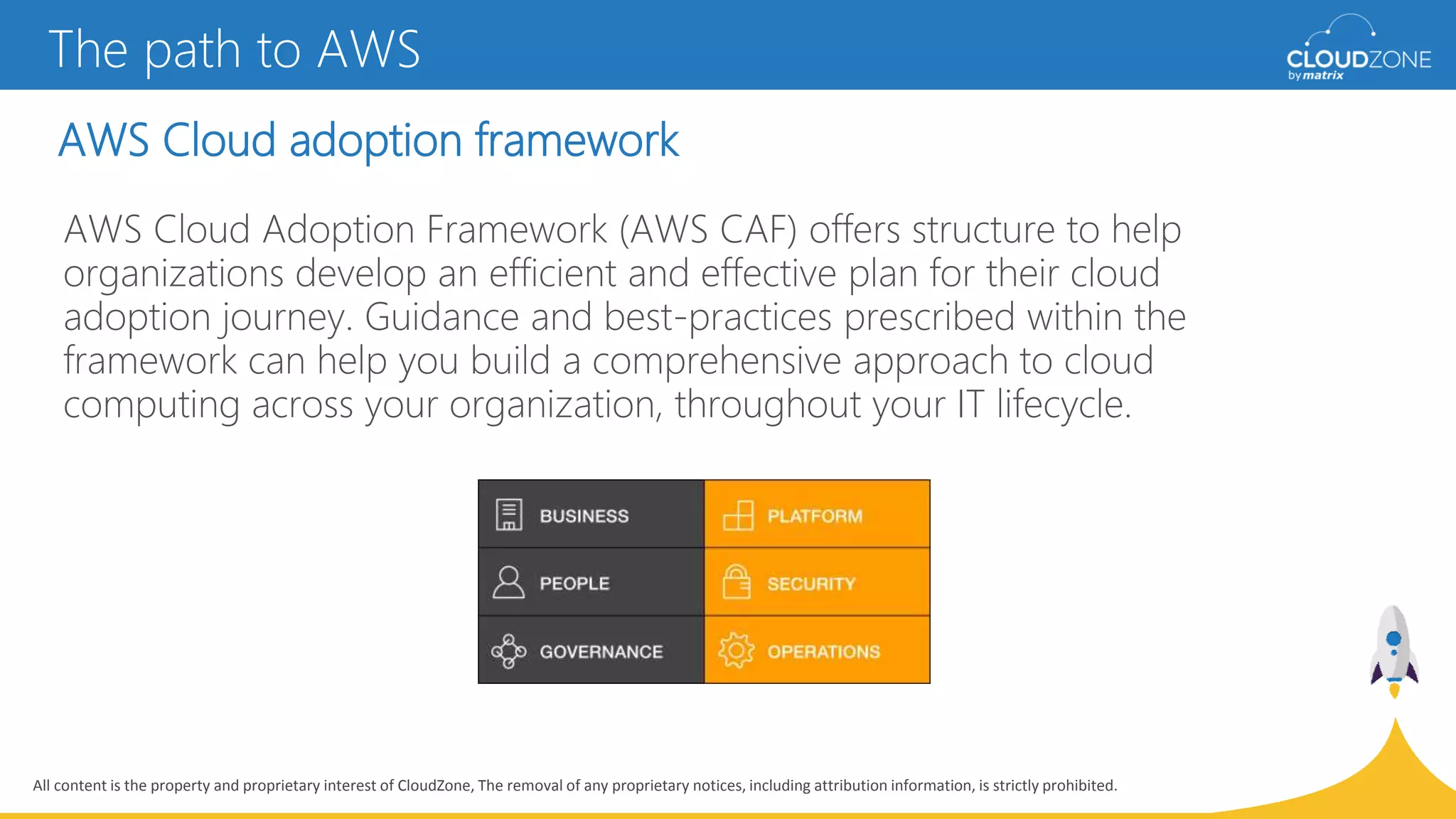 All content is the property and proprietary interest of CloudZone, The removal of any proprietary notices, including attribution information, is strictly prohibited.
AWS Cloud adoption framework
The path to AWS
AWS Cloud Adoption Framework (AWS CAF) offers structure to help
organizations develop an efficient and effective plan for their cloud
adoption journey. Guidance and best-practices prescribed within the
framework can help you build a comprehensive approach to cloud
computing across your organization, throughout your IT lifecycle.
 