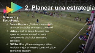 Buscando y
Escuchando
2. Planear una estrategia
v  En sus Marcas - ¿Cuál es nuestra visión
de hacer discípulos en nuestro contexto?
v  Listos- ¿Qué es lo que tenemos que
aprender para ser más eficaz como
hacedores de discípulos en nuestro
contexto?
v  FUERA (IR) - ¿Qué estrategias podrían
funcionar mejor en nuestro contexto? ¿Qué
podríamos adaptar?
 
