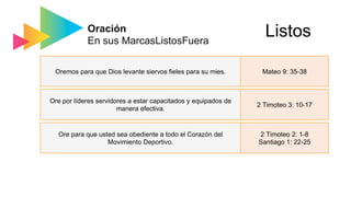 Oración
En sus MarcasListosFuera
Oremos para que Dios levante siervos fieles para su mies.
Ore por líderes servidores a estar capacitados y equipados de
manera efectiva.
Ore para que usted sea obediente a todo el Corazón del
Movimiento Deportivo.
Mateo 9: 35-38
2 Timoteo 3: 10-17
2 Timoteo 2: 1-8	
Santiago 1: 22-25
Listos
 