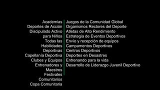 Estrategias FUERA (IR)
Academias
Deportes de Acción
Discipulado Activo
para Niños
Todas las
Habilidades
Deportivas
Capellanía Deportiva
Clubes y Equipos
Entrenadores y
Maestros
Festivales
Comunitarios
Copa Comunitaria
Juegos de la Comunidad Global
Organismos Rectores del Deporte
Atletas de Alto Rendimiento
Estrategia de Eventos Deportivos
Envío y recepción de equipos
Campamentos Deportivos
Centros Deportivos
Deportes en Desastres
Entrenando para la vida
Desarrollo de Liderazgo Juvenil Deportivo
 