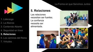 La Forma en que Servimos Juntos
5. Relaciones
Las relaciones
necesitan ser fuertes.
La confianza
necesita ser
alimentada.
1. Liderazgo
2. La Alianza
3. Contenido Abierto
4. Seguridad en línea
5. Relaciones
6. Los caminos del Reino
7. Virtudes
 
