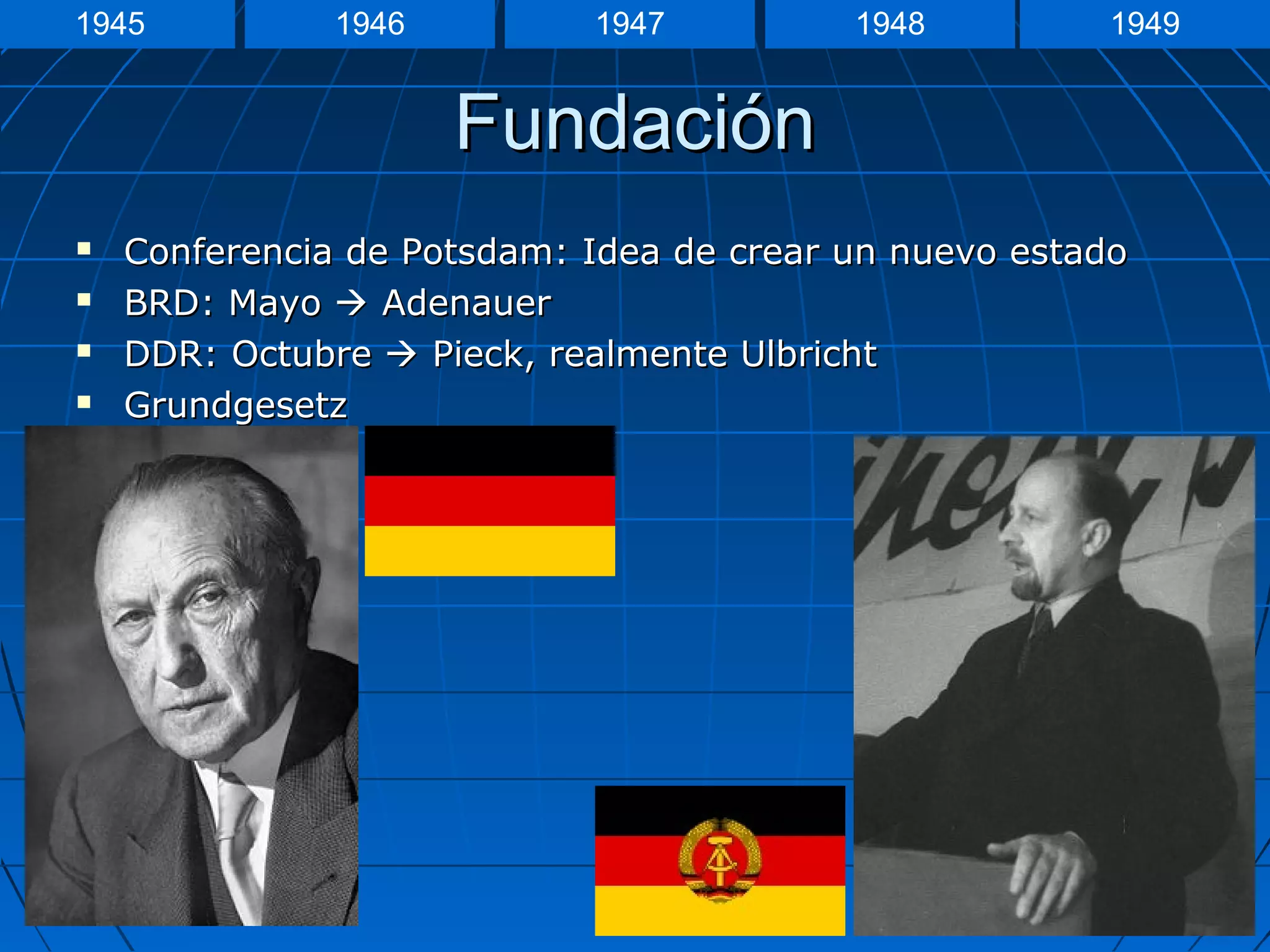 FundaciónFundación
 Conferencia de Potsdam: Idea de crear un nuevo estadoConferencia de Potsdam: Idea de crear un nuevo estado
 BRD: MayoBRD: Mayo  AdenauerAdenauer
 DDR: OctubreDDR: Octubre  Pieck, realmente UlbrichtPieck, realmente Ulbricht
 GrundgesetzGrundgesetz
1945 1946 1947 1948 1949
 