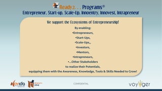CONFIDENTIAL
Ready2… Programs®
Entrepreneur, Start-up, Scale-Up, Innoentry, Innovest, Intrapreneur
We support the Ecosystems of Entrepreneurship!
By enabling:
•Entrepreneurs,
•Start-Ups,
•Scale-Ups,,
•Investors,
•Mentors,
•Intrapreneurs,
•…Other Stakeholders
to realize their Potentials,
equipping them with the Awareness, Knowledge, Tools & Skills Needed to Grow!
 