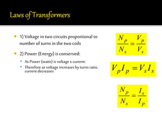  1) Voltage in two circuits proportional to 
number of turns in the two coils 
 2) Power (Energy) is conserved: 
p 
s 
p 
s 
V 
V 
N 
N 
 
 As Power (watts) is voltage x current: 
 Therefore as voltage increases by turns ratio, 
current decreases p p s s V I  V I 
s 
p 
p 
s 
I 
I 
N 
N 
 
 