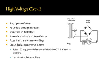  Step up transformer 
 > 500 fold voltage increase 
 Immersed in dielectric 
 Secondary side of autotransformer 
 Fixed # of transformer windings 
 Grounded at center (mA meter) 
 So for 100 kVp, potential on one side is +50,000 V & other is – 
50,000 V 
 Less of an insulation problem 
 
