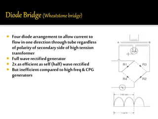  Four diode arrangement to allow current to 
flow in one direction through tube regardless 
of polarity of secondary side of high tension 
transformer 
 Full wave rectified generator 
 2x as efficient as self (half) wave rectified 
 But inefficient compared to high freq & CPG 
generators 
 
