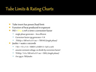  Tube insert has power/load limit 
 Function of heat produced in exposure 
 HU = kVp x mA x time x correction factor 
 single phase generator – less efficient 
 Correction factor cpg generator =1.4 
 70 kVp x 100 mA x 0.1 sec = 700 HU (single phase) 
 Joules = watts x seconds 
 1 W = 1 V x 1 A = 1000 V x 0.001 A = keV x mA! 
 assume constant voltage, so divide by correction factor! 
 70 kVp / 1.4 x 100 mA x 0.1 sec = 500 J (single phase) 
 For cpg is 700 Joules 
 