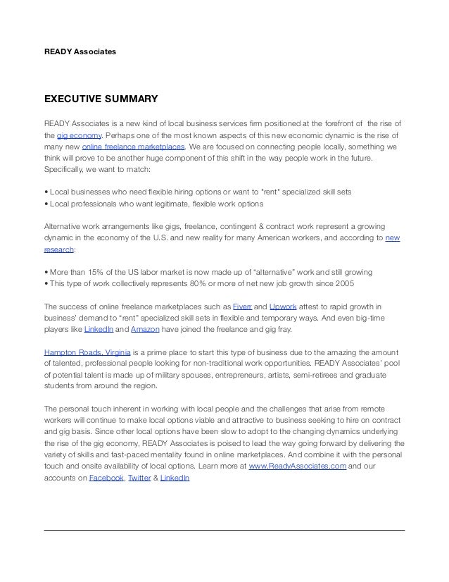 business plan executive summary example startup