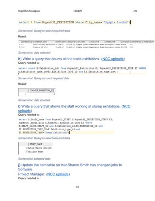 Rupesh Chaulagain 160409 DB
16
Screenshot: Query to select required data
Result:
Screenshot: data selected
h) Write a query that counts all the trade exhibitions. (NCC uploads)
Query needed is:
Screenshot: Query to count required data
Result:
Screenshot: data counted
i) Write a query that shows the staff working at stamp exhibitions. (NCC
uploads)
Query needed is:
Screenshot: Query to select required data
Screenshot: selected data
j) Update the item table so that Sharon Smith has changed jobs to
Software
Project Manager. (NCC uploads)
Query needed is:
 