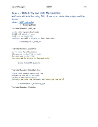 Rupesh Chaulagain 160409 DB
7
Task 2 – Data Entry and Data Manipulation
a) Create all the tables using SQL. Show your create table scripts and the
finished
tables. (NCC uploads)
• Creating all table
To create Rupesh31_Staff_roll
Create Rupesh31_Staff_roll
To create Rupesh31_Customer
Create Rupesh31_Customer
To create Rupesh31_Exhibition_type
Create Rupesh31_Exhibition_type
To create Rupesh31_Exhibition
 