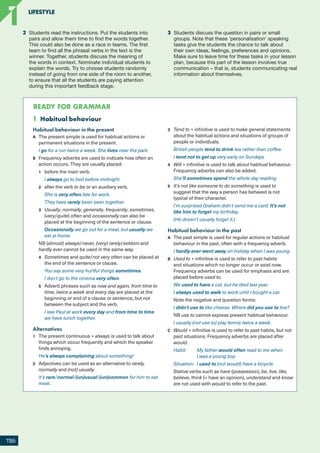 READY FOR GRAMMAR
3 Tend to + infinitive is used to make general statements
about the habitual actions and situations of groups of
people or individuals.
British people tend to drink tea rather than coffee.
I tend not to get up very early on Sundays.
4 Will + infinitive is used to talk about habitual behaviour.
Frequency adverbs can also be added.
She’ll sometimes spend the whole day reading.
5 It’s not like someone to do something is used to
suggest that the way a person has behaved is not
typical of their character.
I’m surprised Graham didn’t send me a card. It’s not
like him to forget my birthday.
(He doesn’t usually forget it.)
Habitual behaviour in the past
A The past simple is used for regular actions or habitual
behaviour in the past, often with a frequency adverb.
I hardly ever went away on holiday when I was young.
B Used to + infinitive is used to refer to past habits
and situations which no longer occur or exist now.
Frequency adverbs can be used for emphasis and are
placed before used to.
We used to have a cat, but he died last year.
I always used to walk to work until I bought a car.
Note the negative and question forms:
I didn’t use to like cheese. Where did you use to live?
NB use to cannot express present habitual behaviour.
I usually (not use to) play tennis twice a week.
C Would + infinitive is used to refer to past habits, but not
past situations. Frequency adverbs are placed after
would.
Habit: My father would often read to me when
I was a young boy.
Situation: I used to (not would) have a bicycle.
Stative verbs such as have (possession), be, live, like,
believe, think (= have an opinion), understand and know
are not used with would to refer to the past.
1 Habitual behaviour
Habitual behaviour in the present
A The present simple is used for habitual actions or
permanent situations in the present.
I go for a run twice a week. She lives near the park.
B Frequency adverbs are used to indicate how often an
action occurs. They are usually placed:
1 before the main verb.
I always go to bed before midnight.
2 after the verb to be or an auxiliary verb.
She is very often late for work.
They have rarely been seen together.
3 Usually, normally, generally, frequently, sometimes,
(very/quite) often and occasionally can also be
placed at the beginning of the sentence or clause.
Occasionally we go out for a meal, but usually we
eat at home.
NB (almost) always/never, (very) rarely/seldom and
hardly ever cannot be used in the same way.
4 Sometimes and quite/not very often can be placed at
the end of the sentence or clause.
You say some very hurtful things sometimes.
I don’t go to the cinema very often.
5 Adverb phrases such as now and again, from time to
time, twice a week and every day are placed at the
beginning or end of a clause or sentence, but not
between the subject and the verb.
I see Paul at work every day and from time to time
we have lunch together.
Alternatives
1 The present continuous + always is used to talk about
things which occur frequently and which the speaker
finds annoying.
He’s always complaining about something!
2 Adjectives can be used as an alternative to rarely,
normally and (not) usually.
It’s rare/normal/(un)usual/(un)common for him to eat
meat.
1 Be used to/get used to + noun or gerund
Be used to + noun/gerund means ‘to be accustomed to’.
She’s a nurse so she’s used to seeing sick people.
Get used to + noun/gerund means ‘become accustomed to’.
I want to leave Athens; I can’t get used to the heat.
2	 Students read the instructions. Put the students into
pairs and allow them time to find the words together.
This could also be done as a race in teams. The first
team to find all the phrasal verbs in the text is the
winner. Together, students discuss the meaning of
the words in context. Nominate individual students to
explain the words. Try to choose students randomly
instead of going from one side of the room to another,
to ensure that all the students are paying attention
during this important feedback stage.
3	 Students discuss the question in pairs or small
groups. Note that these ‘personalisation’ speaking
tasks give the students the chance to talk about
their own ideas, feelings, preferences and opinions.
Make sure to leave time for these tasks in your lesson
plan, because this part of the lesson involves true
communication – that is, students communicating real
information about themselves.
READY FOR GRAMMAR
TB5
LIFESTYLE
1
1
RFB2_TB_Unit1_9781380052360_pp001-014.indd 5
RFB2_TB_Unit1_9781380052360_pp001-014.indd 5 12/12/20 10:06 PM
12/12/20 10:06 PM
 