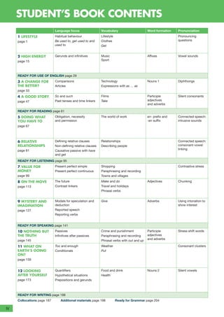 Language focus Vocabulary Word formation Pronunciation
1 LIFESTYLE
page 1
Habitual behaviour
Be used to, get used to and
used to
Lifestyle
Clothes
Get
Pronouncing
questions
2 HIGH ENERGY
page 15
Gerunds and infinitives Music
Sport
Affixes Vowel sounds
READY FOR USE OF ENGLISH page 29
3 A CHANGE FOR
THE BETTER?
page 33
Comparisons
Articles
Technology
Expressions with as … as
Nouns 1 Diphthongs
4 A GOOD STORY
page 47
So and such
Past tenses and time linkers
Films
Take
Participle
adjectives
and adverbs
Silent consonants
READY FOR READING page 61
5 DOING WHAT
YOU HAVE TO
page 67
Obligation, necessity
and permission
The world of work en- prefix and
-en suffix
Connected speech:
intrusive sounds
6 RELATIVE
RELATIONSHIPS
page 81
Defining relative clauses
Non-defining relative clauses
Causative passive with have
and get
Relationships
Describing people
Connected speech:
consonant-vowel
linking
READY FOR LISTENING page 95
7 VALUE FOR
MONEY
page 99
Present perfect simple
Present perfect continuous
Shopping
Paraphrasing and recording
Towns and villages
Contrastive stress
8 ON THE MOVE
page 113
The future
Contrast linkers
Make and do
Travel and holidays
Phrasal verbs
Adjectives Chunking
9 MYSTERY AND
IMAGINATION
page 127
Modals for speculation and
deduction
Reported speech
Reporting verbs
Give Adverbs Using intonation to
show interest
READY FOR SPEAKING page 141
10 NOTHING BUT
THE TRUTH
page 145
Passives
Infinitives after passives
Crime and punishment
Paraphrasing and recording
Phrasal verbs with out and up
Participle
adjectives
and adverbs
Stress-shift words
11 WHAT ON
EARTH’S GOING
ON?
page 159
Too and enough
Conditionals
Weather
Put
Consonant clusters
12 LOOKING
AFTER YOURSELF
page 173
Quantifiers
Hypothetical situations
Prepositions and gerunds
Food and drink
Health
Nouns 2 Silent vowels
READY FOR WRITING page 188
Collocations page 187    Additional materials page 198    Ready for Grammar page 204
STUDENT’S BOOK CONTENTS
iv
RFB2_TB_FM_9781380052360_ppi-viii.indd 4
RFB2_TB_FM_9781380052360_ppi-viii.indd 4 12/12/20 9:27 PM
12/12/20 9:27 PM
 