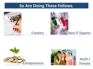 So Are Doing These Fellows.




                                           Creators   Non-IT Experts




http://indonesiayoungentrepreneurs.com/i
                                                            Youth /
                                  Entrepreneurs             Female
 