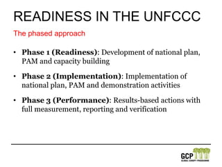 Phase 1 (Readiness): Development of national plan, PAM and capacity buildingPhase 2 (Implementation): Implementation of national plan, PAM and demonstration activitiesPhase 3 (Performance): Results-based actions with full measurement, reporting and verificationThe phased approachReadiness in the UNFCCC
