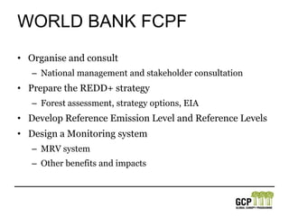 World Bank FCPFOrganise and consultNational management and stakeholder consultationPrepare the REDD+ strategyForest assessment, strategy options, EIADevelop Reference Emission Level and Reference LevelsDesign a Monitoring systemMRV systemOther benefits and impacts