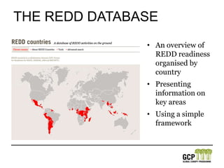 The REDD databaseAn overview of REDD readiness organisedby countryPresenting information on key areasUsing a simple framework