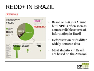 REDD+ in brazilThe Brazilian Amazoncovers an area of 410 million hectares more than half of the country’s total area Brazil lost nearly 15 million hectares of forest between 2000 and 2006 (an area the size of the England)Deforestation in the Amazon has already dropped by nearly 70%Statistics
