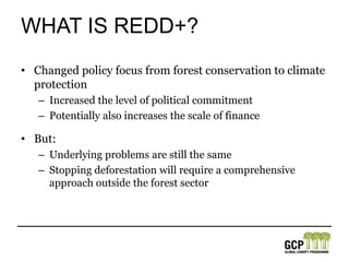 What is REDD+?Changed policy focus from forest conservation to climate protectionIncreased the level of political commitmentPotentially also increases the scale of financeBut:Underlying problems are still the sameStopping deforestation will require a comprehensive approach outside the forest sector