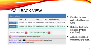 CALLBACK VIEW
• Familiar table of
callbacks like most
tools
• Detailed task data
grouped by task
(not time)
• Add/track optional
comments per task
26
 