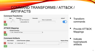 COMMAND TRANSFORMS / ATT&CK /
ARTIFACTS
• Transform
commands
• Provide ATT&CK
Mappings
• Indicate
host/network
artifacts
21
 