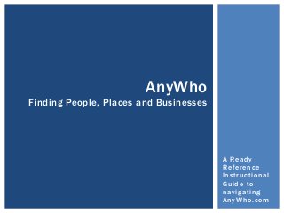AnyWho
Finding People, Places and Businesses

A Ready
Reference
Instructional
Guide to
navigating
AnyWho.com

 