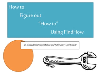 How to 
Figure out 
“How to” 
Using FindHow 
an instructional presentation and tutorial by Alice Krebill 
 