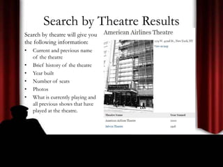 Search by Theatre Results
Search by theatre will give you
the following information:
• Current and previous name
of the theatre
• Brief history of the theatre
• Year built
• Number of seats
• Photos
• What is currently playing and
all previous shows that have
played at the theatre.
 