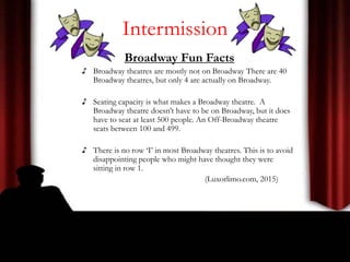 Intermission
Broadway Fun Facts
♪ Broadway theatres are mostly not on Broadway There are 40
Broadway theatres, but only 4 are actually on Broadway.
♪ Seating capacity is what makes a Broadway theatre. A
Broadway theatre doesn’t have to be on Broadway, but it does
have to seat at least 500 people. An Off-Broadway theatre
seats between 100 and 499.
♪ There is no row ‘I’ in most Broadway theatres. This is to avoid
disappointing people who might have thought they were
sitting in row 1.
(Luxorlimo.com, 2015)
 