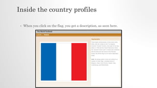 Inside the country profiles
• When you click on the flag, you get a description, as seen here.
 