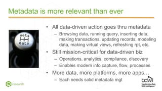 Metadata is more relevant than ever
• All data-driven action goes thru metadata
– Browsing data, running query, inserting ...