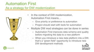 Automation First
As a strategy for DW modernization
• In the context of DW modernization,
Automation First means…
– Give p...