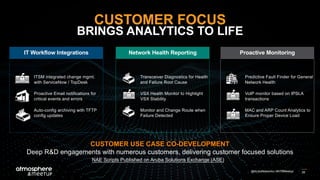 28@ArubaNetworks | #ATMMeetup
Transceiver Diagnostics for Health
and Failure Root Cause
VSX Health Monitor to Highlight
VSX Stability
Monitor and Change Route when
Failure Detected
Predictive Fault Finder for General
Network Health
VoIP monitor based on IPSLA
transactions
MAC and ARP Count Analytics to
Ensure Proper Device Load
IT Workflow Integrations
ITSM integrated change mgmt.
with ServiceNow / TopDesk
Proactive Email notifications for
critical events and errors
Auto-config archiving with TFTP
config updates
Network Health Reporting Proactive Monitoring
CUSTOMER USE CASE CO-DEVELOPMENT
Deep R&D engagements with numerous customers, delivering customer focused solutions
NAE Scripts Published on Aruba Solutions Exchange (ASE)
CUSTOMER FOCUS
BRINGS ANALYTICS TO LIFE
 