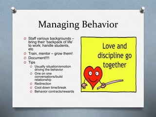 Managing Behavior
O Staff various backgrounds –
bring their ‘backpack of life’
to work; handle students,
etc
O Train, mentor – grow them!
O Document!!!!
O Tips
O Usually situation/emotion
driving the behavior
O One on one
conversations/build
relationship
O Redirection
O Cool down time/break
O Behavior contracts/rewards
 