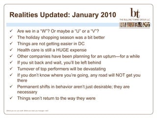 Realities Updated: January 2010

   Are we in a “W”? Or maybe a “U” or a “V”?
   The holiday shopping season was a bit b...