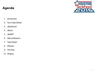 1
1 Introduction
2 Your Code Stinks!
3 JDeodorant
4 JMove
5 JSpIRIT
6 Stench Blossom
7 TopicViewer
8 iPlasma
9 The Plan
10 Wrapup
Agenda
 