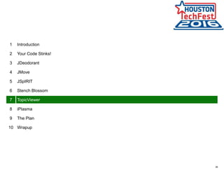 36
1 Introduction
2 Your Code Stinks!
3 JDeodorant
4 JMove
5 JSpIRIT
6 Stench Blossom
7 TopicViewer
8 iPlasma
9 The Plan
10 Wrapup
 