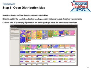 45
TopicViewer
Select Activities -> View Results -> Distribution Map
Click Select in the top left and select workspace/correlation/src-root-directory-name.matrix
Classes that may belong together in the same package have the same color / number
Step 6: Open Distribution Map
 