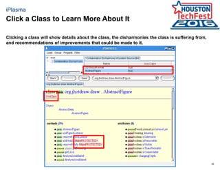 55
iPlasma
Clicking a class will show details about the class, the disharmonies the class is suffering from,
and recommendations of improvements that could be made to it.
Click a Class to Learn More About It
 